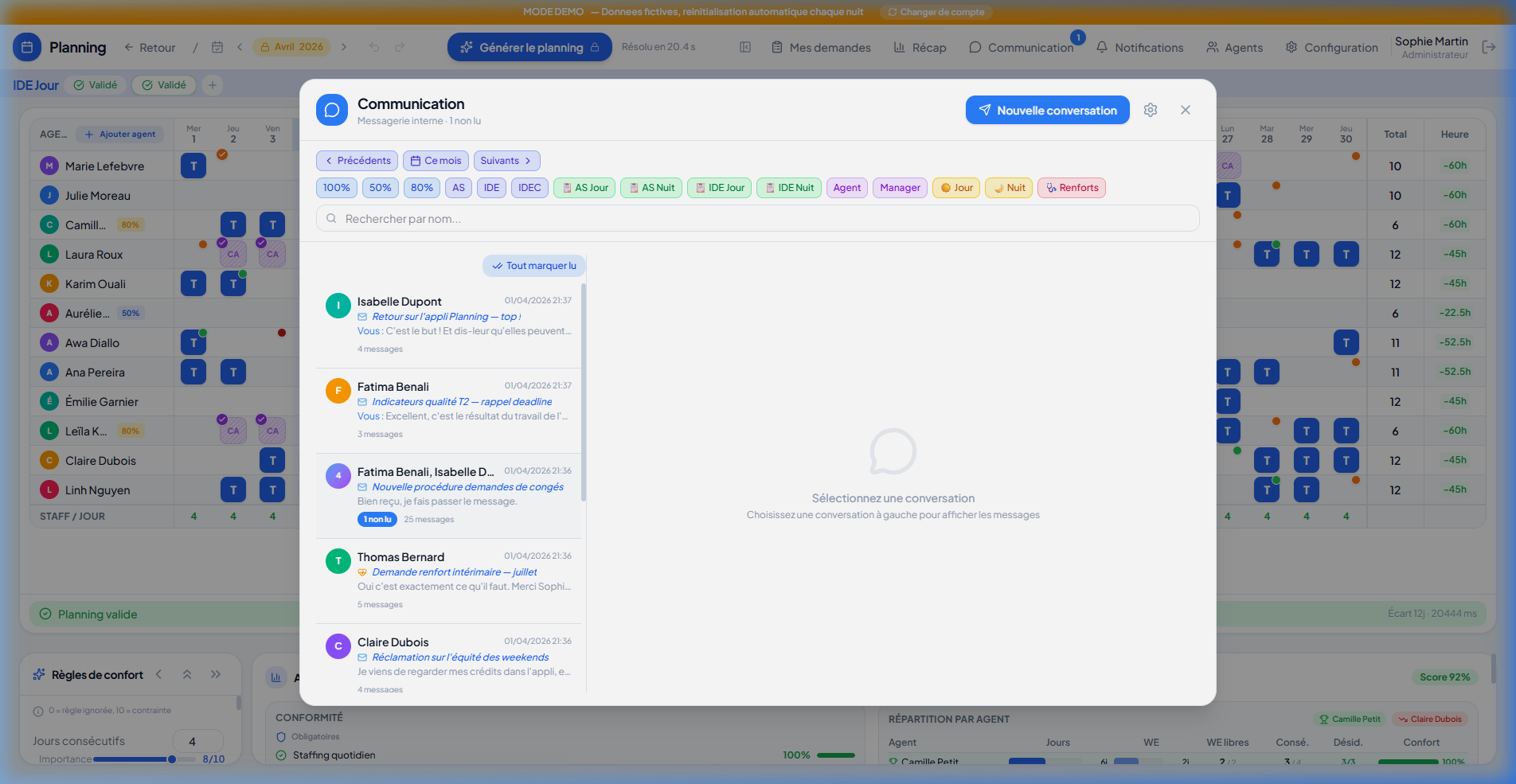 Modal de Comunicação com filtros e lista de conversas internas