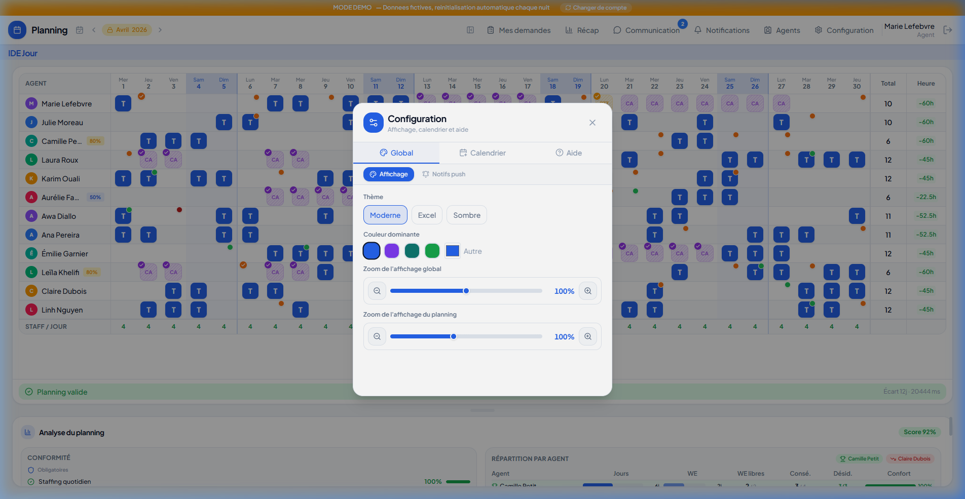 Modal de configuração do tema e do zoom da visualização do horário